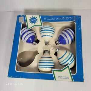 5 Vintage Coby Glass  Christmas Tree Ornaments, Blue & White Stripe
